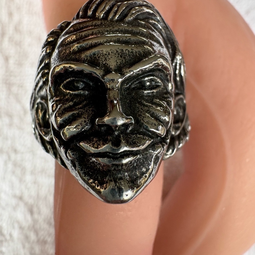 Goth - Bold Joker Face Statement Ring - Silver Tone